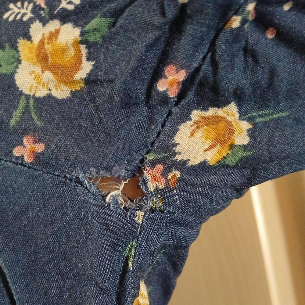 VTG Cottagecore Prairie Navy Floral A-Line Dress Button Bib Collar Lace Trim L - Picture 8 of 8
